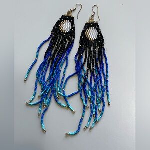 Gorgeous Beaded Moon Earrings in Blue and Black